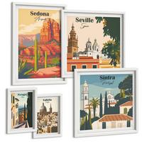 BILDER SET 5er Set - 50x50 cm & 20x30 cm & 40x60 cm Weißer Rahmen - Illustrationen von Küstenstädten - Weiß, Kunststoff (40/60cm) - TULUP