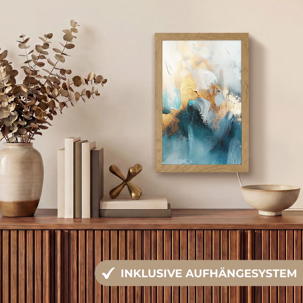 WANDLEUCHTE Abstrakt - Kunst - Gold - Blau 20x30 cm - Türkis, Holzwerkstoff (20/30/8cm) - OnlyWow