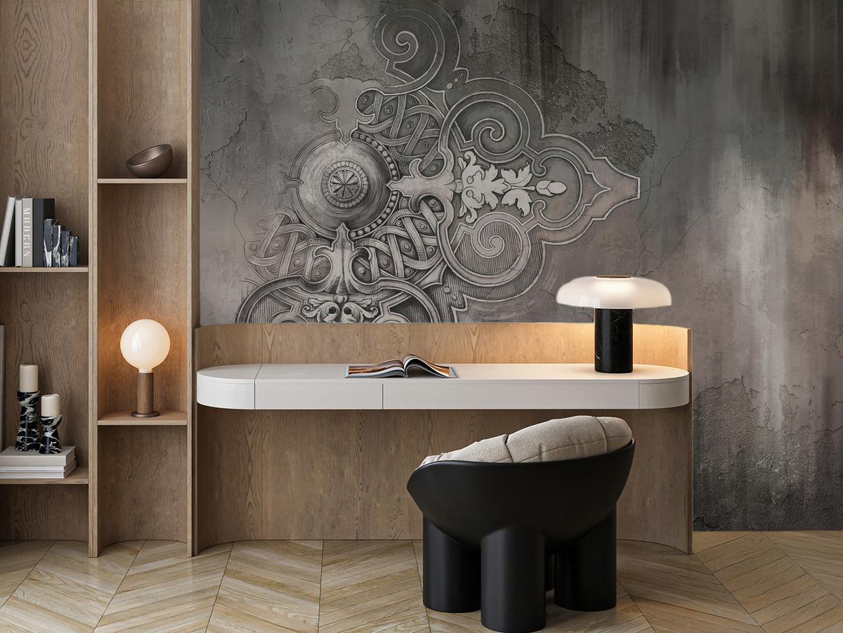FOTOTAPETE für Wohnzimmer Retro Ornament Betonwand 350x256 - Schwarz/Braun, Papier (350/256cm) - Muralo