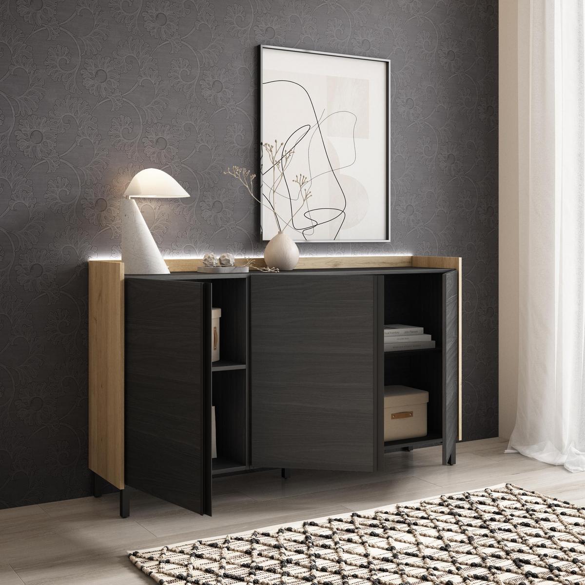 SIDEBOARD, Schwarz und Eiche, 156/35/91cm, mit Beinen - Schwarz, Holzwerkstoff (156/91/35cm) - Skraut Home