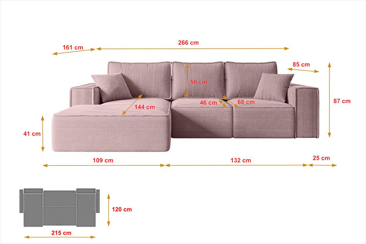 ECKSOFA mit Schlaffunktion und Bettkasten SERRA-L-S - 266x161x87 cm Rosa Cord - Schwarz/Rosa, Holzwerkstoff/Kunststoff (266/161cm) - ALTDECOR