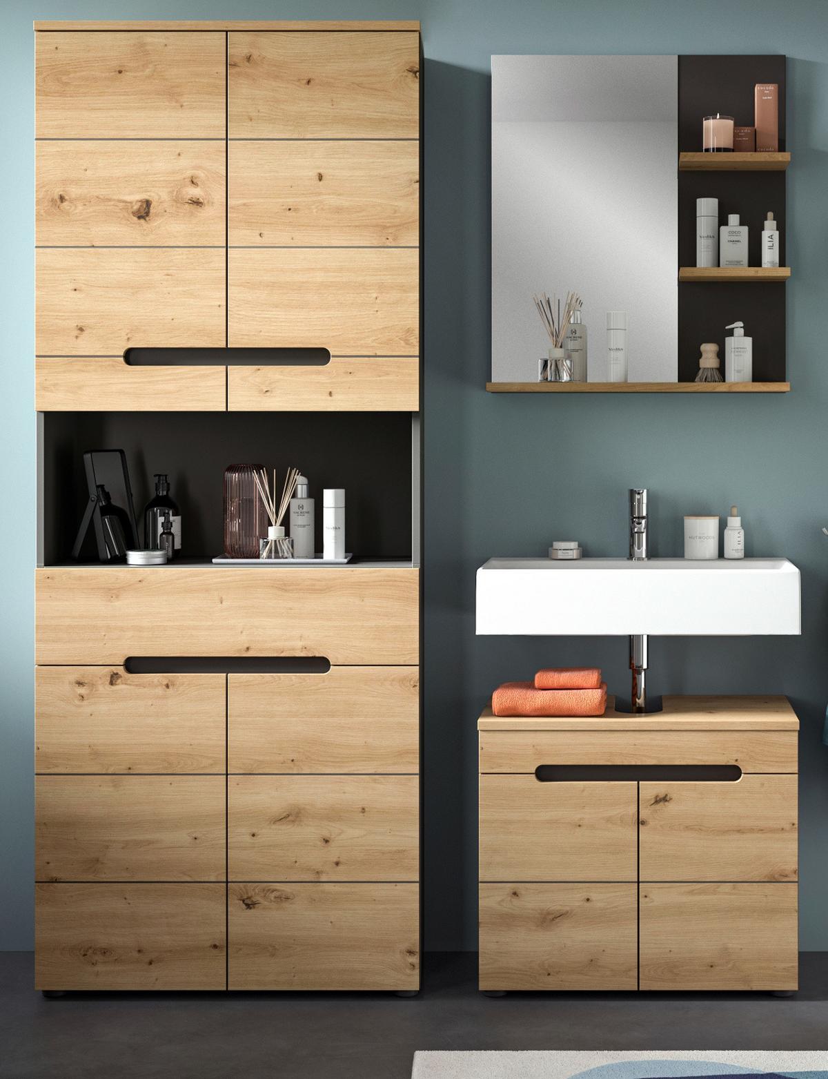 BADMÖBEL-SET Eiche, grau 3-teilig 154 cm, Komplettset mit Soft-Close - Schwarz/Eiche Artisan, Glas/Holzwerkstoff (154/193/34cm) - Inn.Furn