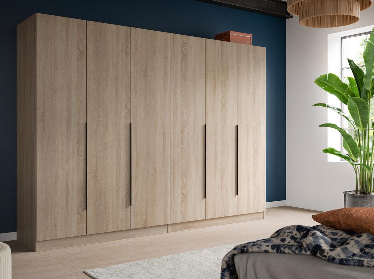 KLEIDERSCHRANK Eiche Sonoma 6-türig 240 x 181 cm, Drehtürenschrank mit zusätzlichen Einlegeböden - Eichefarben/Schwarz, Holzwerkstoff/Kunststoff (240/181/52cm) - Inn.Furn