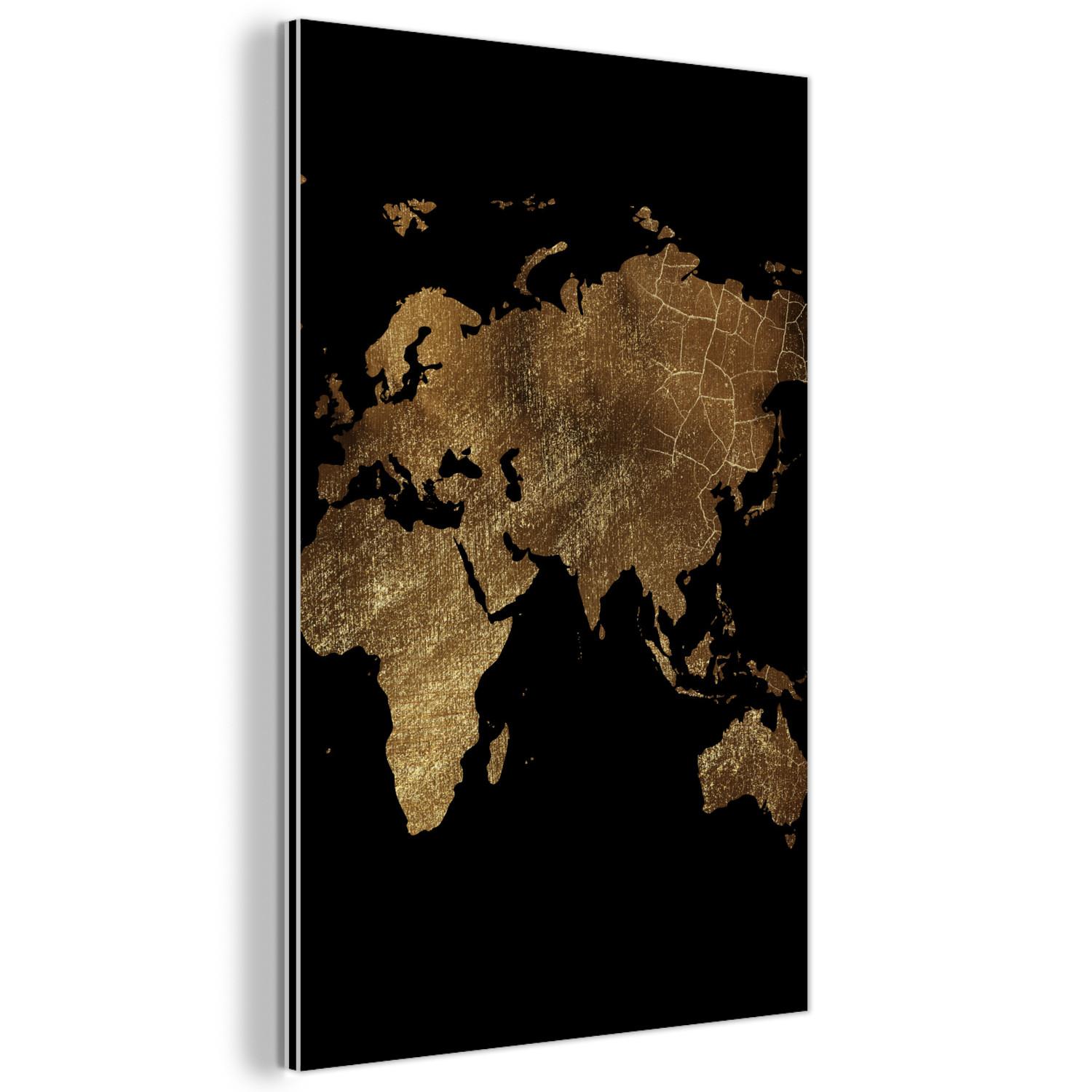 METALLBILD Weltkarte - Gold - Luxus - Erde - Schwarz Deko Schlafzimmer 40x60 cm - Goldfarben, Metall (40/60cm) - MuchoWow