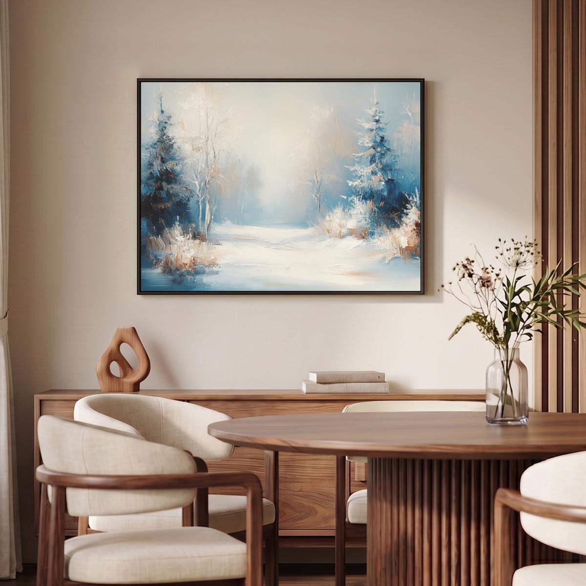 LEINWAND Bilder mit Rahmen - Wald – Winter – Natur – Abstrakt – Schnee - 100x70 - Weiß, Textil (100/70cm) - MuchoWow