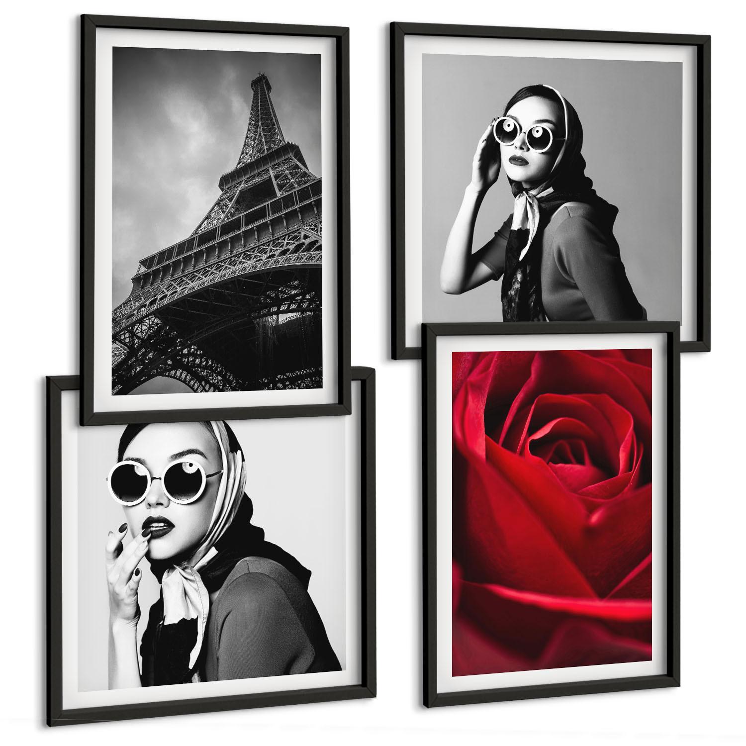 BILDER SET 4er Set - 50x50 cm & 40x60 cm Schwarzer Rahmen - Pariserin mit Eiffelturmbrille - Schwarz, Kunststoff (50/50cm) - TULUP