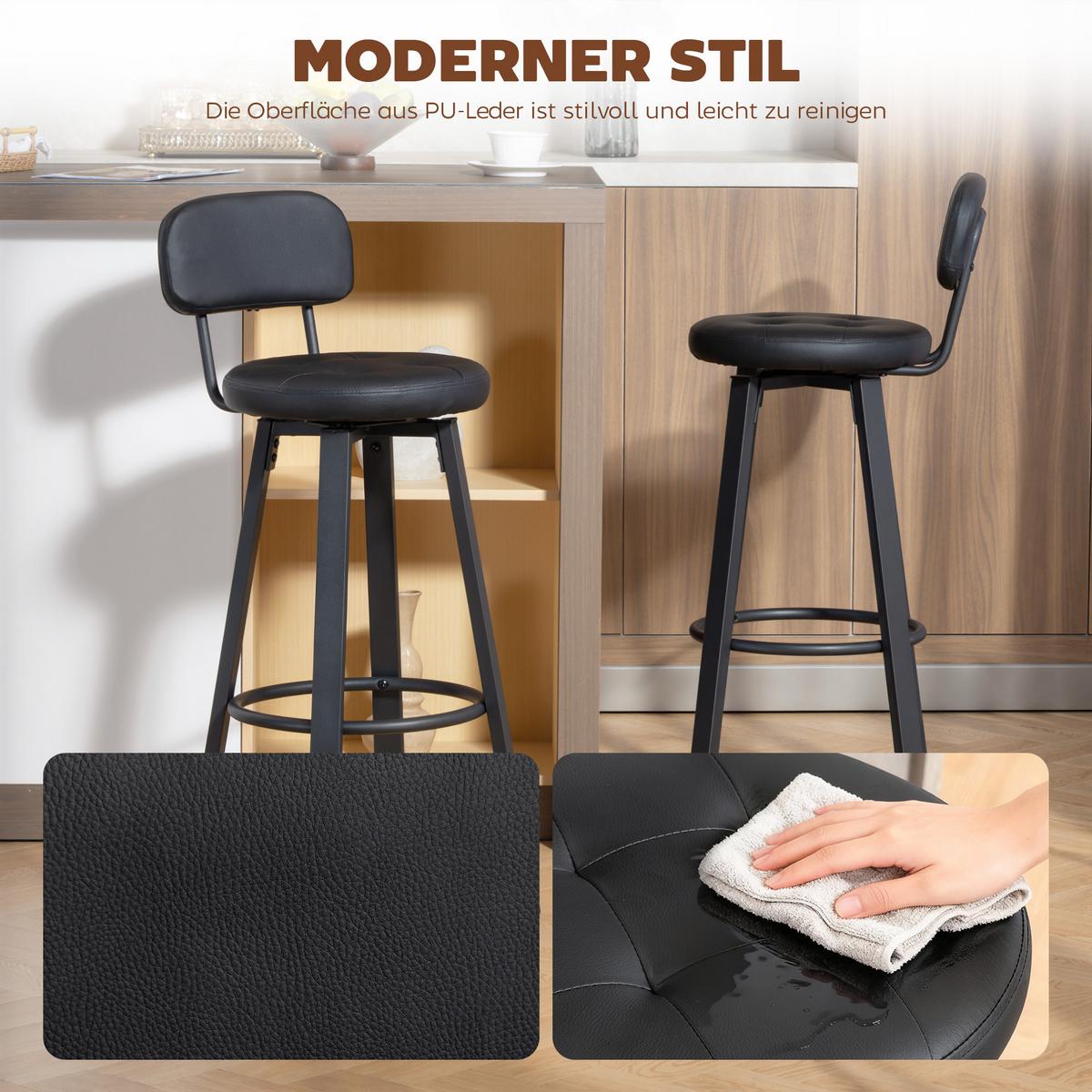 BARHOCKER 2er Set Kunstleder Metall Schwarz - Schwarz, Metall (38/99/43.5cm) - HOMCOM