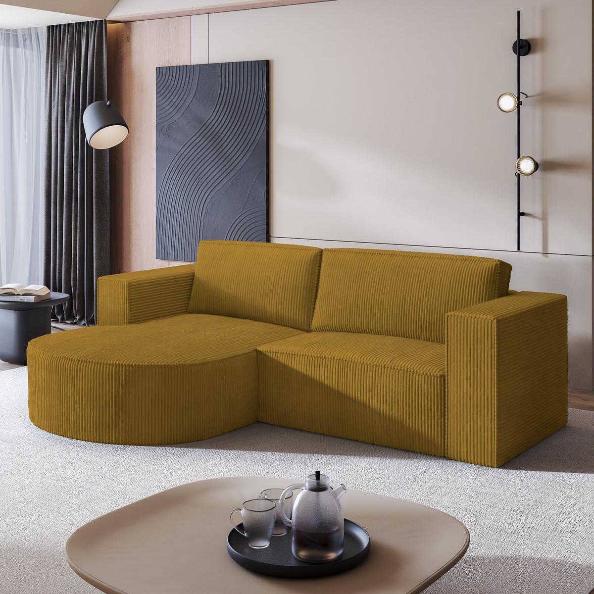 ECKSOFA SORELA P L-S Gelb Kordstoff mit Schlaffunktion - Gelb, Holz (263/174cm) - MASSENO