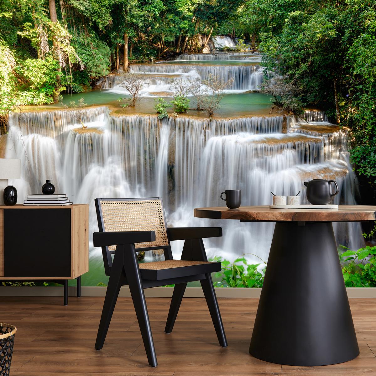 FOTOTAPETE für Esszimmer Panorama Waldwasserfall Bäume Pflanzen Natur 350x256 - Beige/Braun, Papier (350/256cm) - Muralo