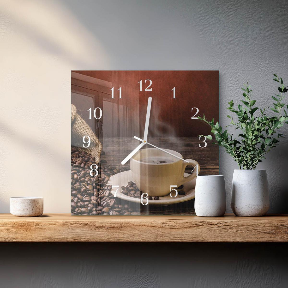 WANDUHR aus Glas 30x30 cm - Kaffee - Braun, Glas (30/30/0.4cm) - TULUP