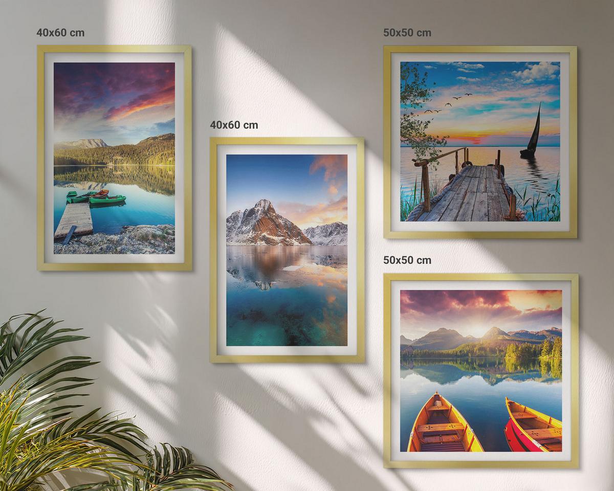 BILDER SET 4er Set - 50x50 cm & 40x60 cm Goldrahmen - Seen- und Berglandschaft Łódź - Goldfarben, Kunststoff (50/50cm) - TULUP