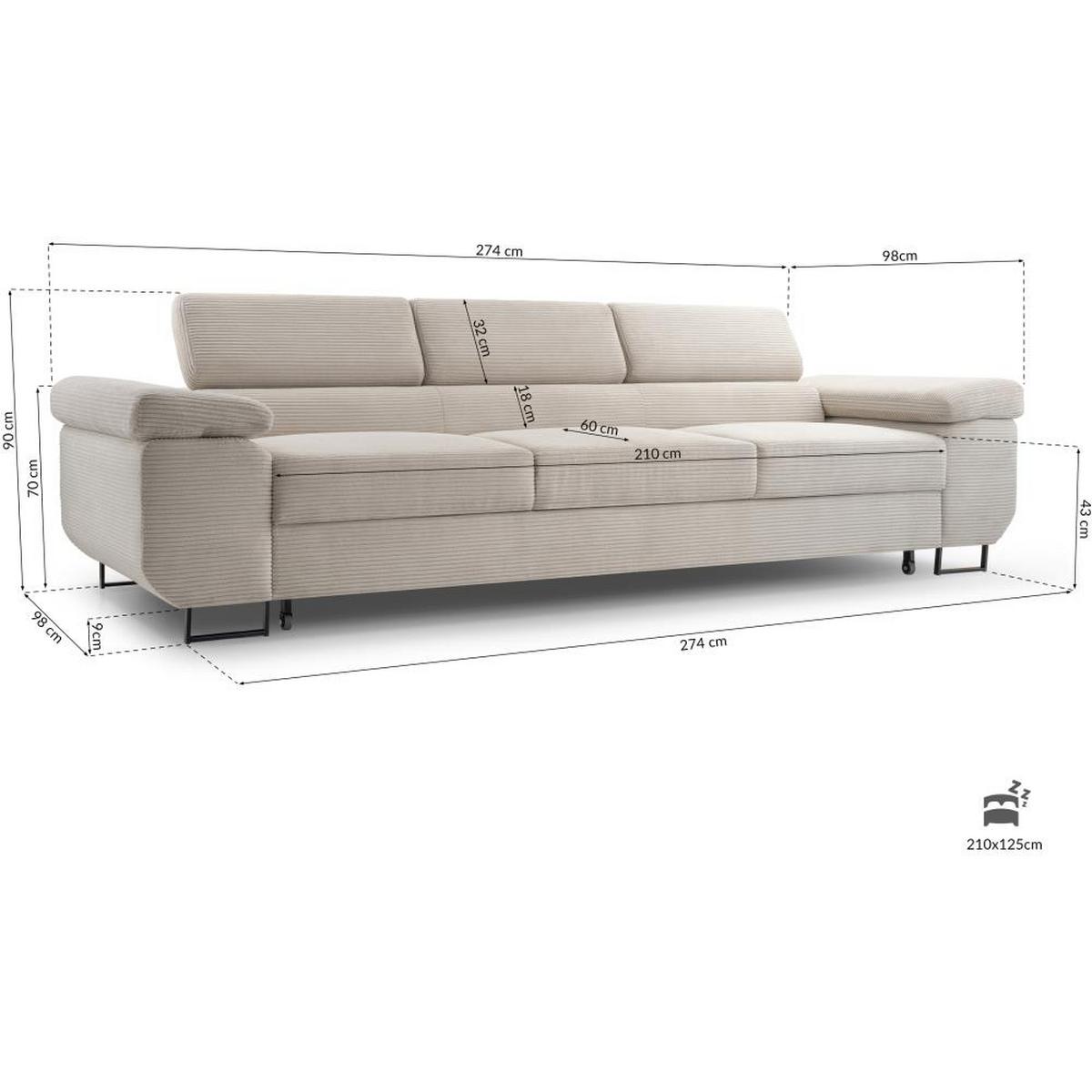 3-SITZERSOFA mit Schlaffunktion Navio hellgrau - Hellgrau/Schwarz, Textil (274/90/98cm) - Beautysofa
