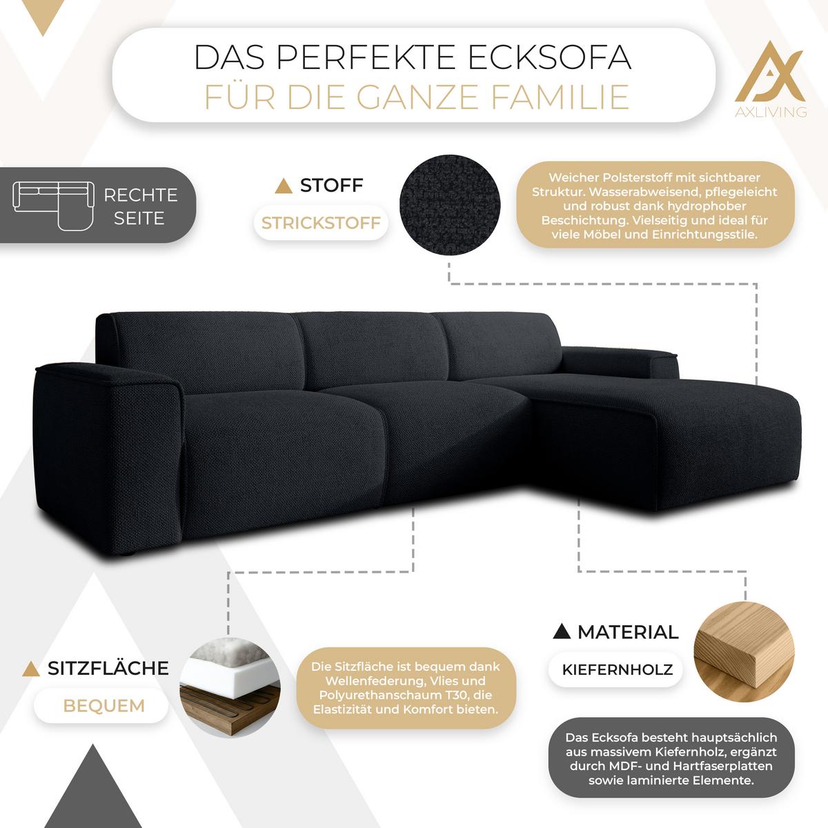 ECKSOFA L Form Didim mini Dunkelgrau 310/165/78 cm – stilvolle kleine Eckcouch R - Schwarz, Kunststoff/Textil (310/165cm) - AX Living