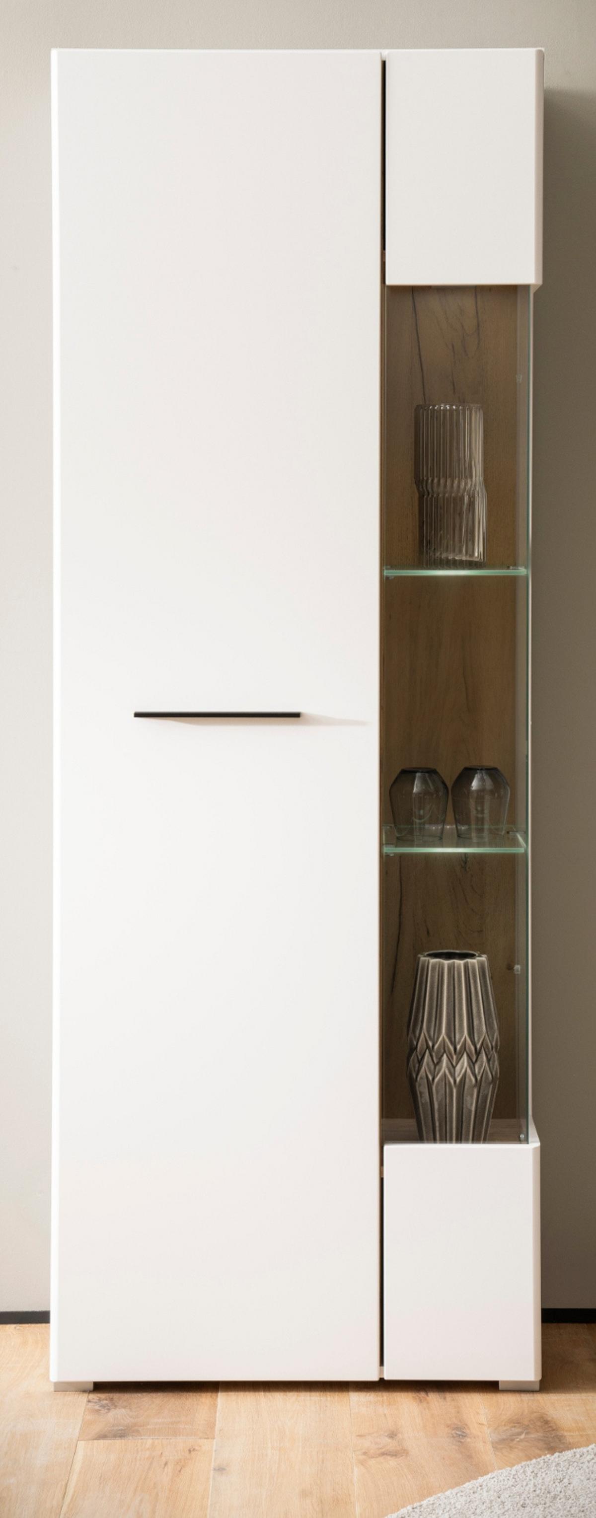 VITRINE weiß matt, Evoke Eiche, Vitrinenschrank 72 x 200 cm, Soft-Close-Funktion - Eichefarben/Silberfarben, Glas/Holzwerkstoff (72/200/35cm)