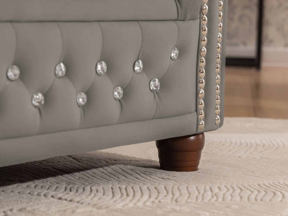 ECKSOFA Chesterfield Cleo Blink Grau Samt mit Kristallsteppung und braunen Massivholzfüßen - Ottomane Links - Braun/Grau, Holz/Textil (264/210cm) - S-Style Möbel