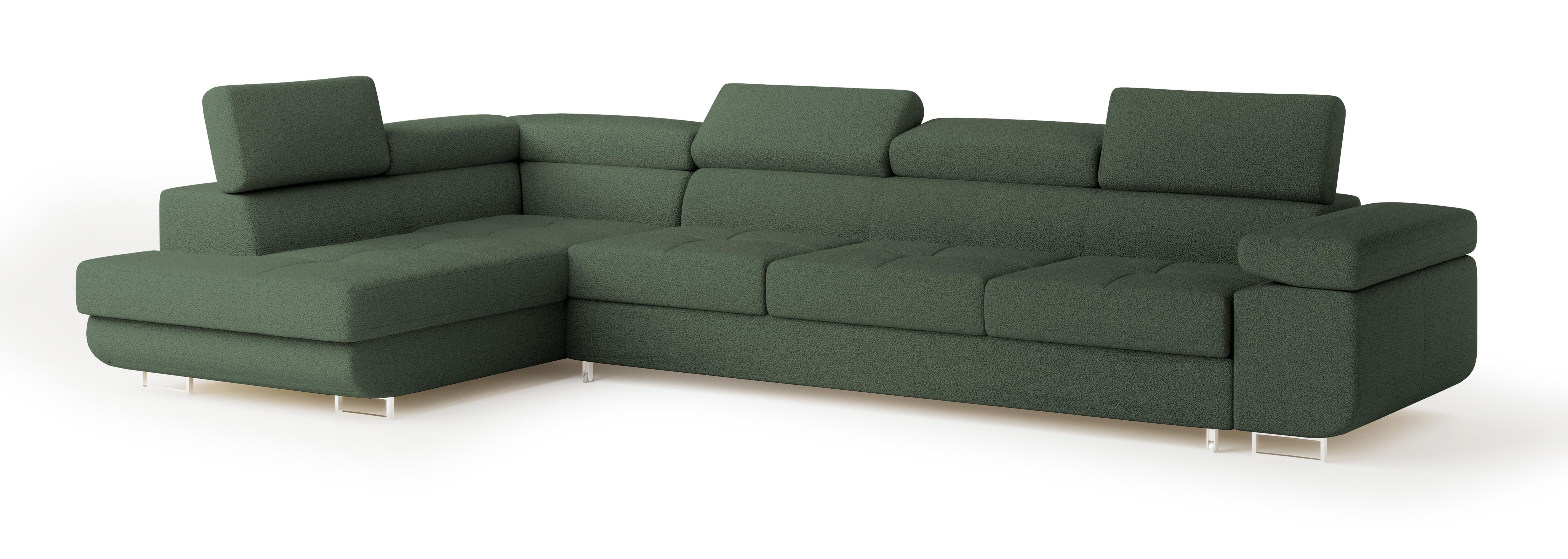ECKSOFA VICENTE Grün Boucle-Stoff mit Schlaffunktion - Grün, Holz (346/202cm) - MASSENO