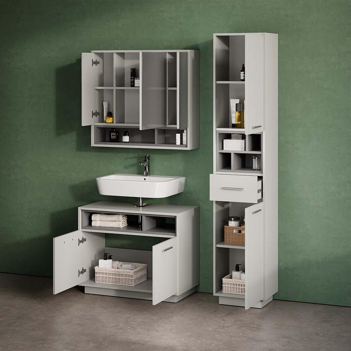 BADMÖBEL-SET Temo Grau 3 Teile, mit Hochschrank - Grau, Holzwerkstoff (80/64/40cm) - Livinity®