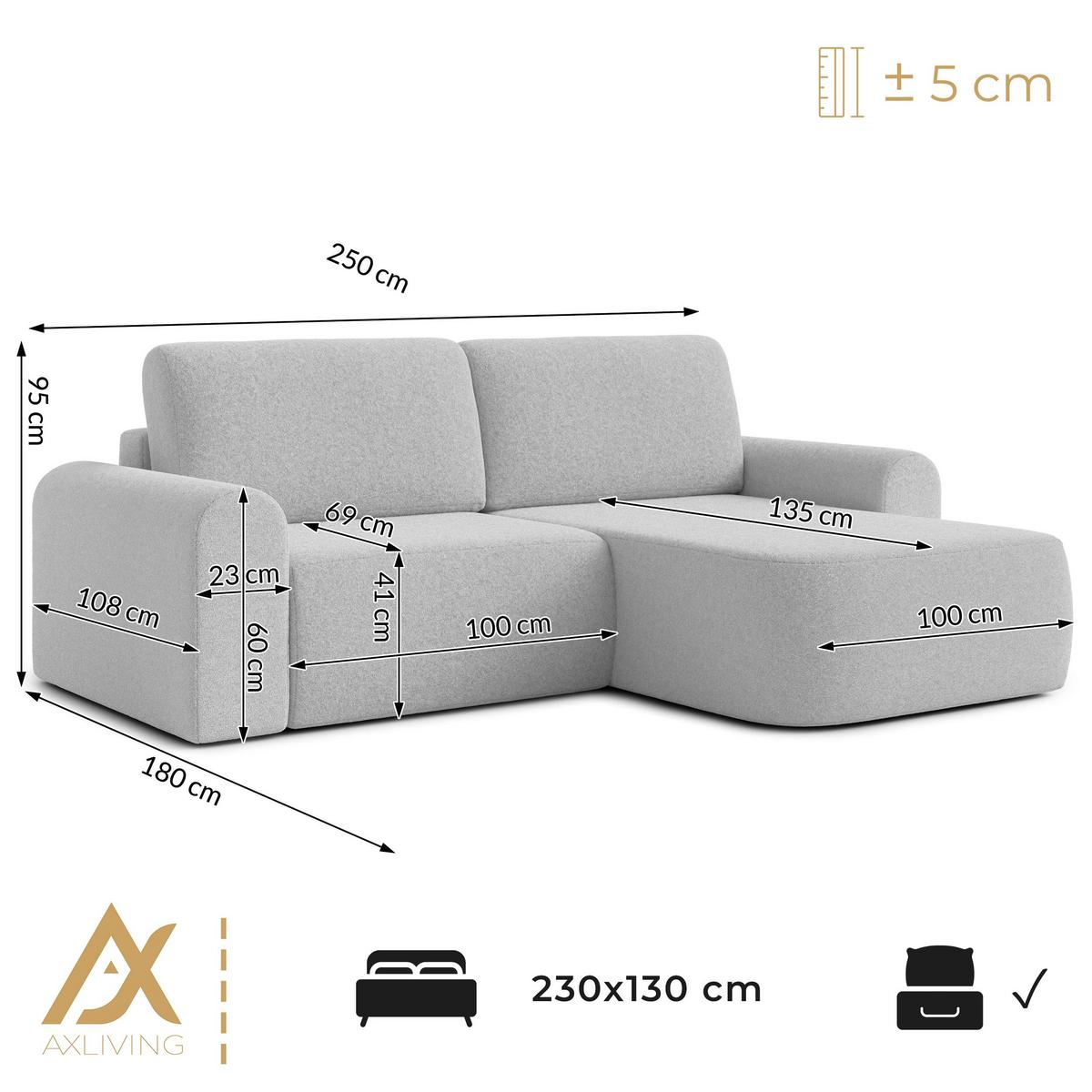 ECKSOFA L Form Otterton Hellgrau 250/180/95 cm Links mit Schlaffunktion - Hellgrau/Schwarz, Kunststoff/Textil (180/250cm) - AX Living