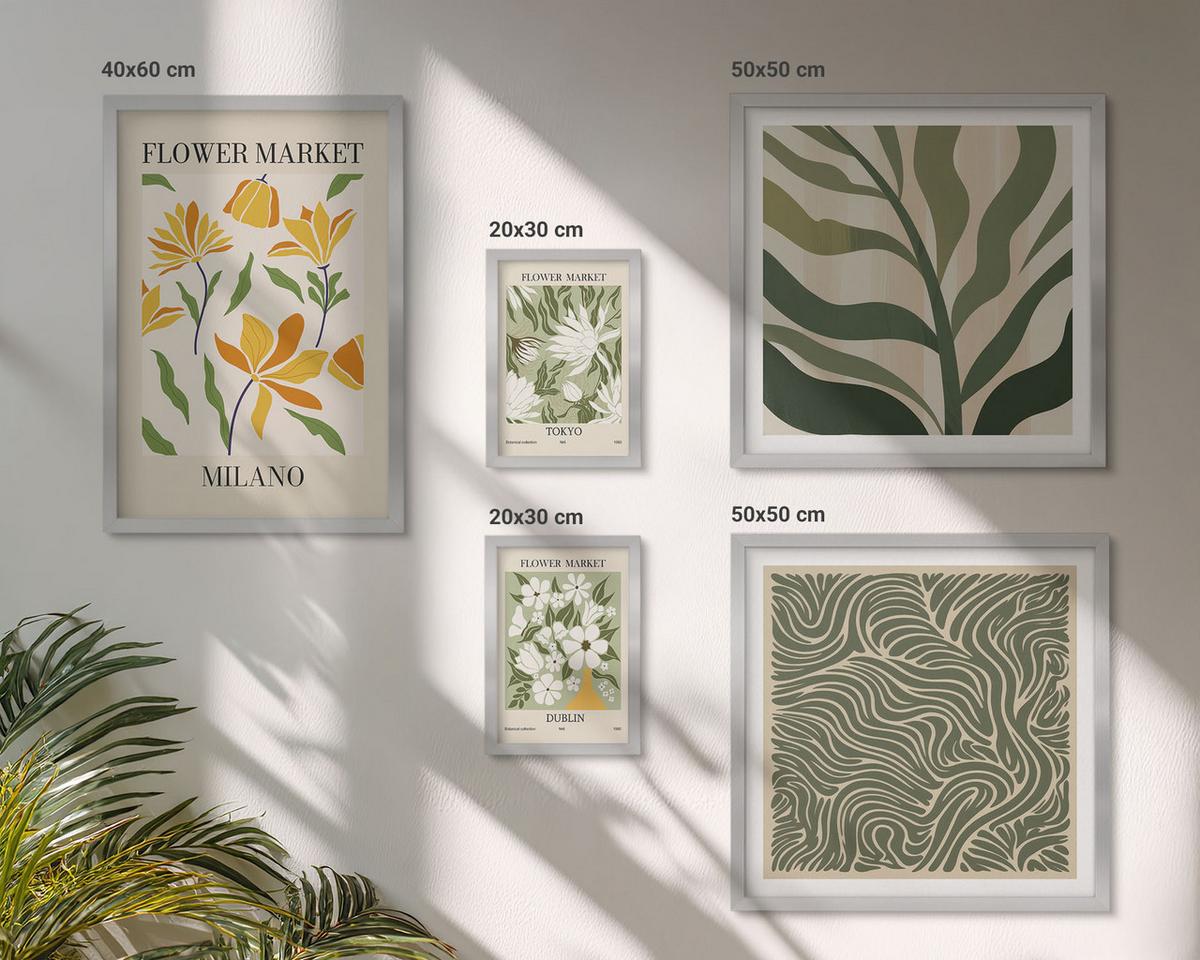 BILDER SET 5er Set - 50x50 cm & 20x30 cm & 40x60 cm Silberner Rahmen - Pflanzenmuster, Boho-Dekorationen - Silberfarben, Kunststoff (40/60cm) - TULUP
