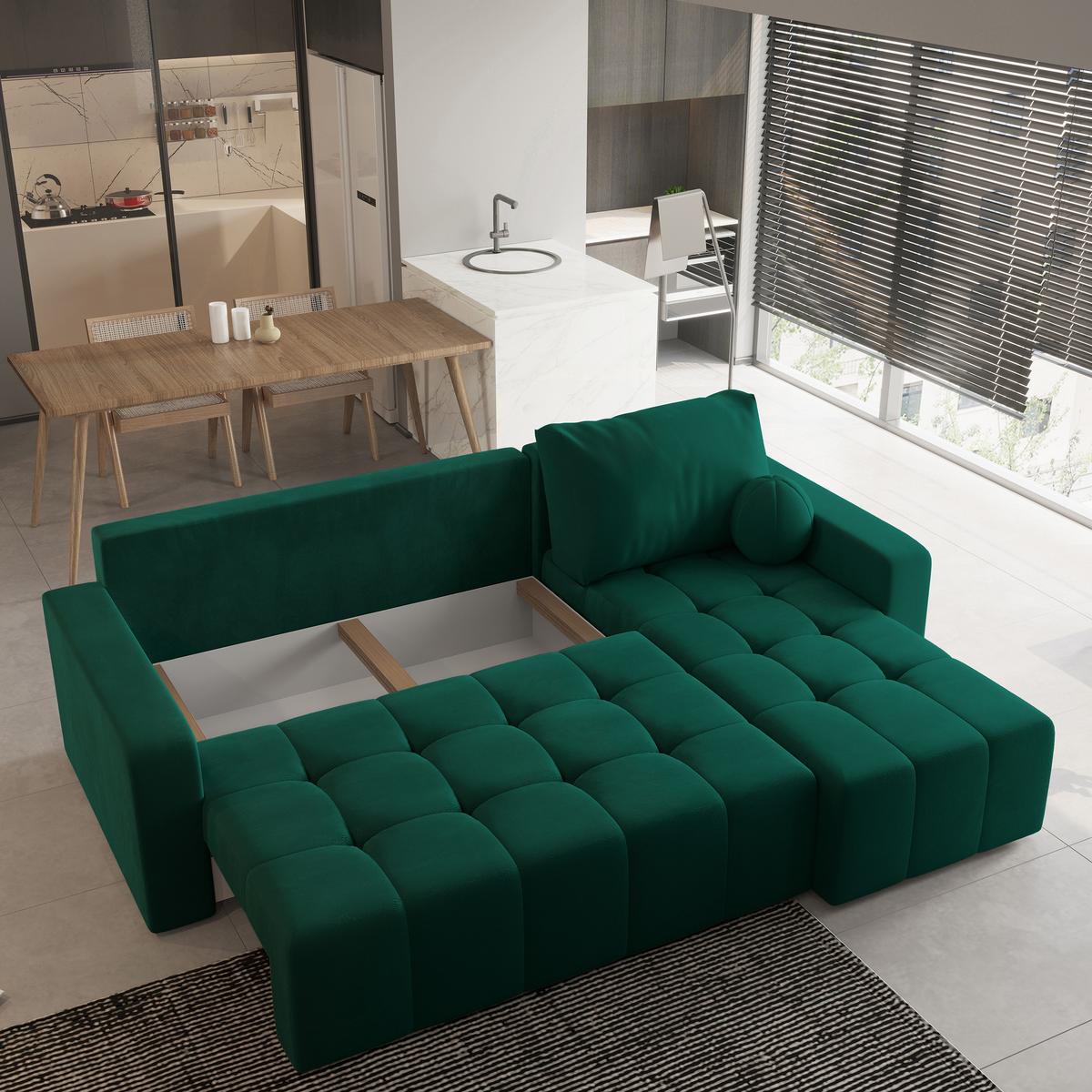 ECKSOFA VOLIRA Grün Plüsch-Stoff mit Schlaffunktion - Grün, Holz (230/143cm) - MASSENO