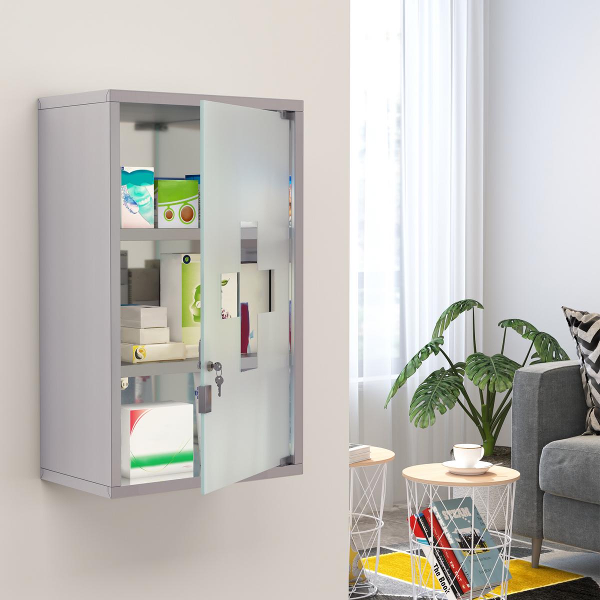 MEDIZINSCHRANK Arzneischrank Erste Hilfe mit Schloss Edelstahl 30 x 18 x 50 cm - Silberfarben, Glas (18/50/30cm) - HOMCOM