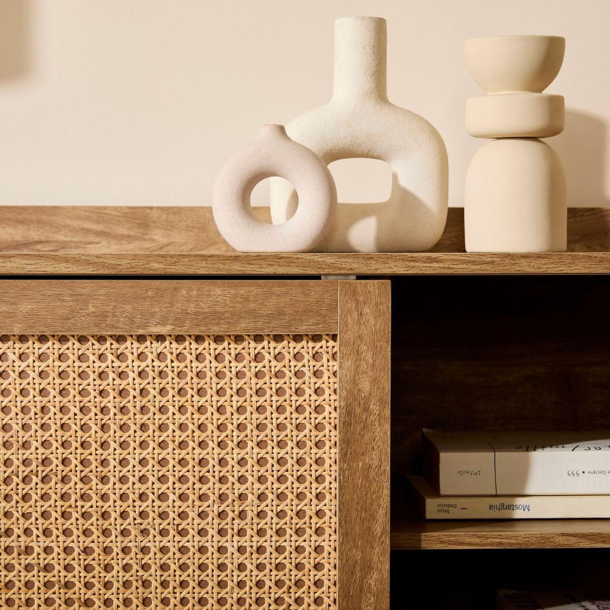 SIDEBOARD mit 2 Türen und 2 Schubladen mit Rattanfronten 39/140/80 cm - Eschefarben, Holzwerkstoff (39/80/47cm) - Calicosy