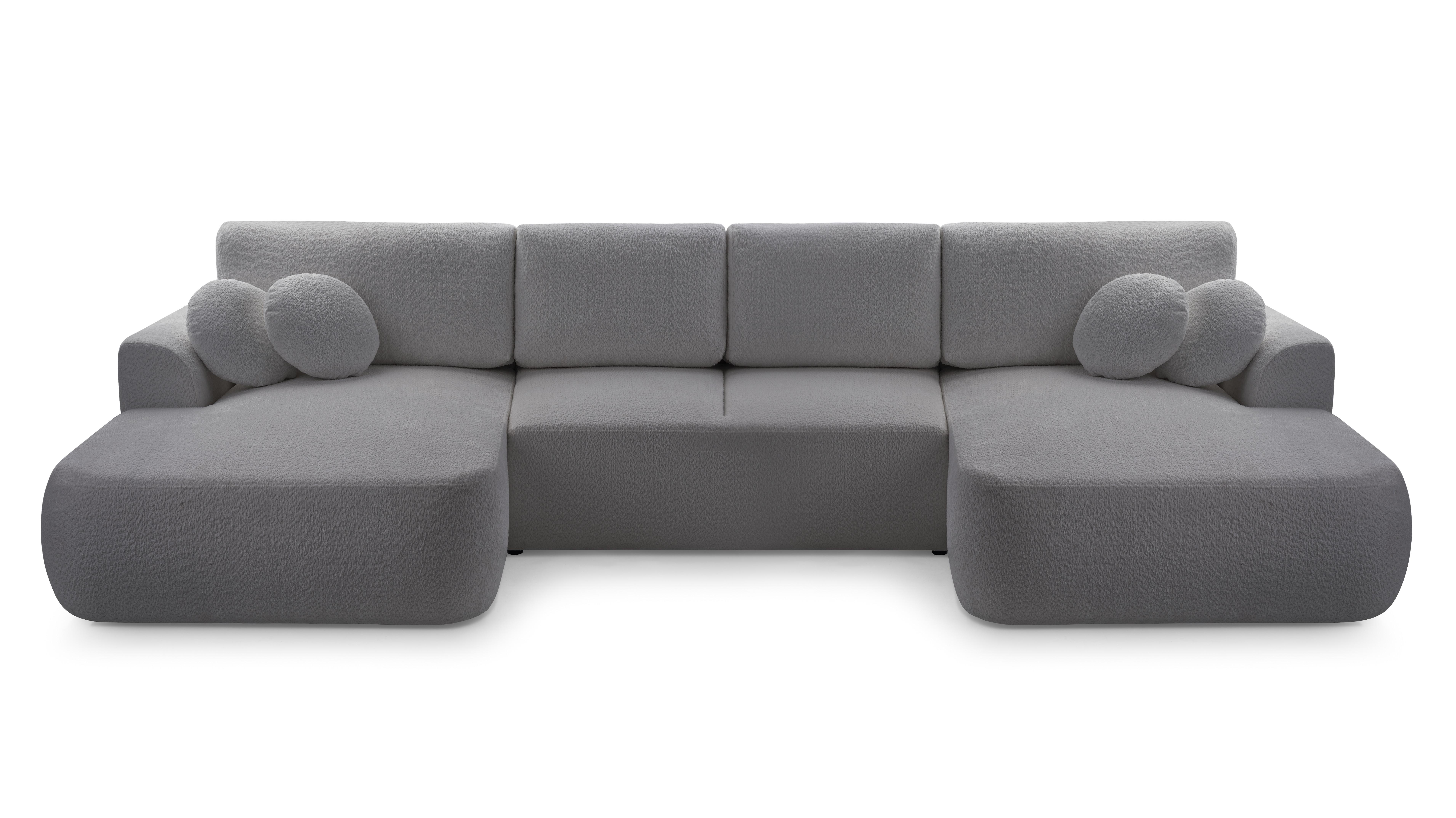 WOHNLANDSCHAFT FILO Grau Boucle-Stoff mit Schlaffunktion - Grau, Holz (364/87/168cm) - MASSENO