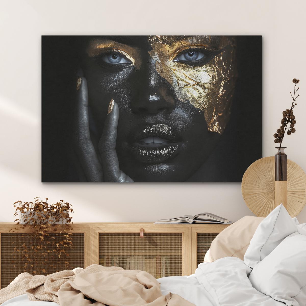 AKUSTIKBILD Frau - Gold - Porträt - Schwarz-Weiß - Luxus Akustikpaneele 90x60 cm - Hellblau, Kunststoff (90/60/0.9cm) - MuchoWow