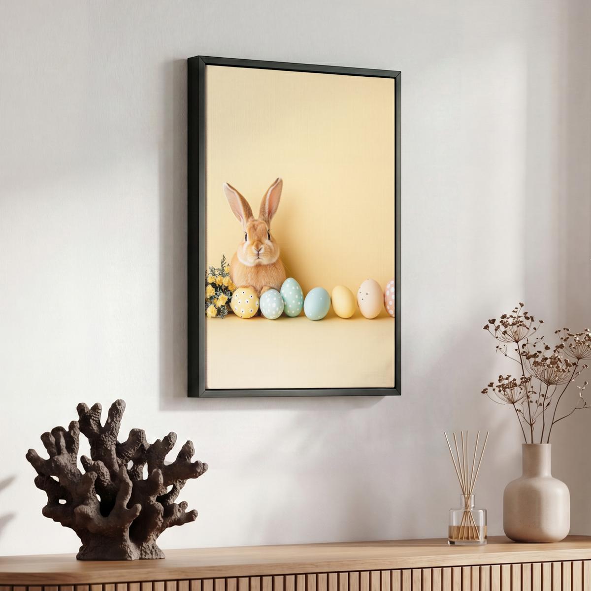 LEINWAND Bilder mit Rahmen - Eier - Kaninchen - Pastellfarbtöne - 30x40 - Hellgelb, Textil (30/40cm) - MuchoWow