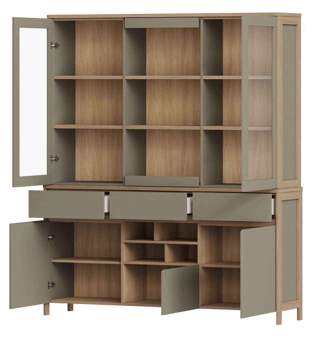 BUFFET Salbei grün, Eiche, Vitrinenschrank skandinavisch 164 x 195 cm, Soft-Close - Salbeigrün/Eichefarben, Glas/Holzwerkstoff (164/195/39cm) - Furn.Design