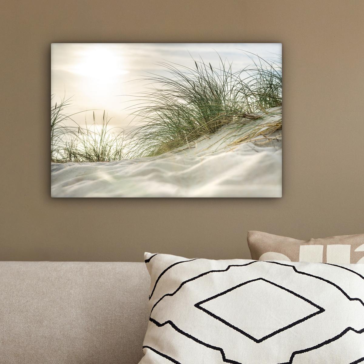 LEINWANDBILD Dünen mit Strandhafer in der Sonne des Nationalparks Schleswig-Holsteinisches Wattenmeer Deko Schlafzimmer 30x20 cm - Creme, Textil (30/20cm) - MuchoWow