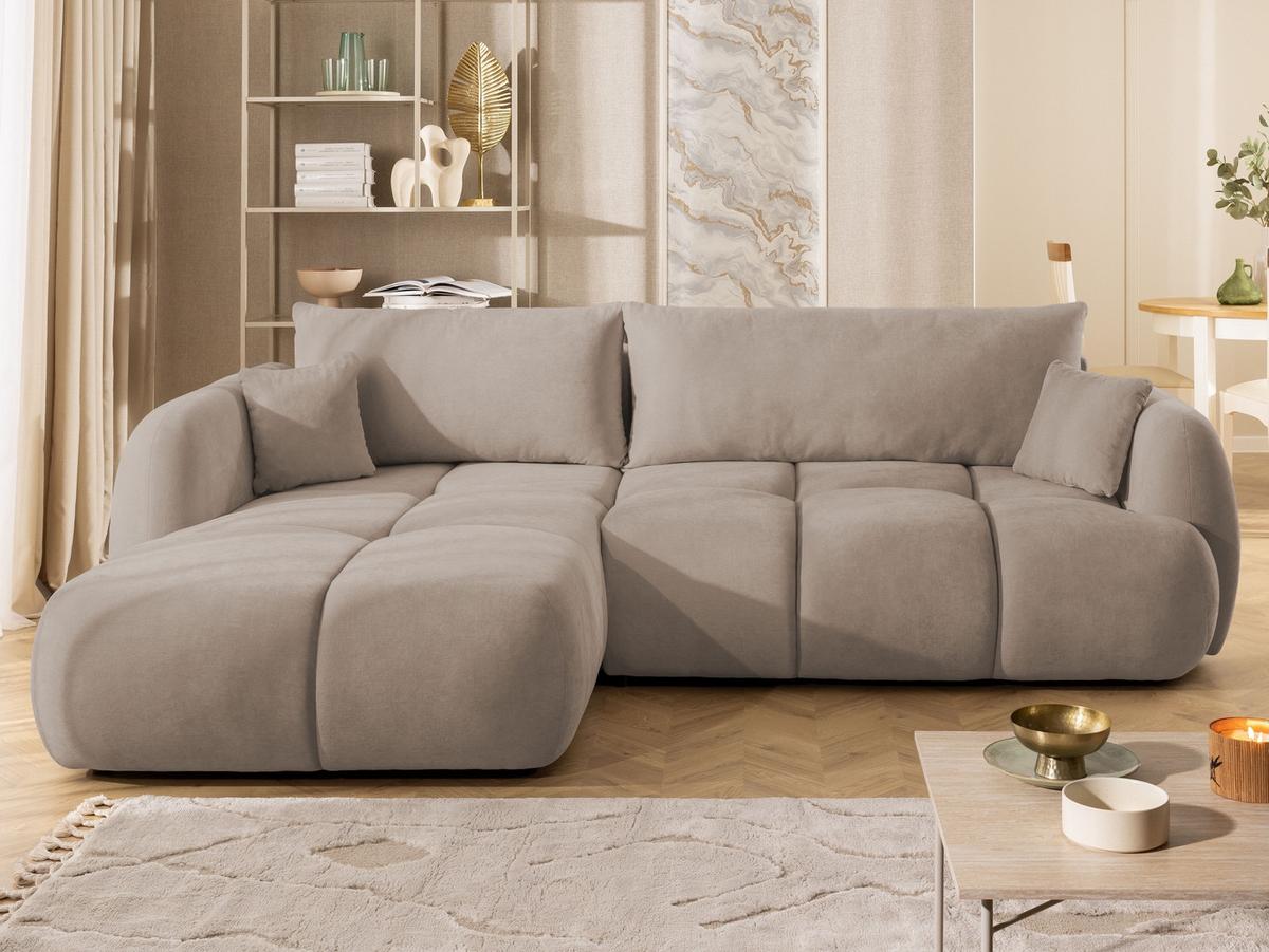 ECKSOFA Loretto aus natürlichem Greige Webstoff mit Schlaffunktion, Bettkasten und tiefen Steppungen in Bubble-Optik - Greige/Schwarz, Holz/Kunststoff (180/275cm) - S-Style