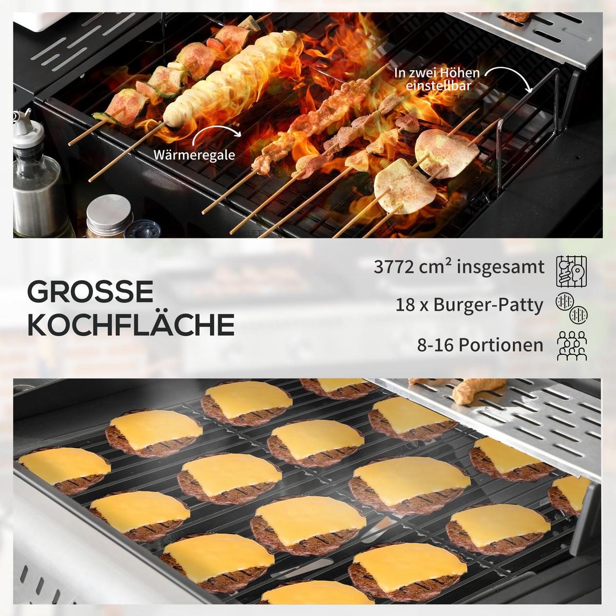GASGRILL mit 2+1 Brenner, Thermometer, 3kW BBQ Holzkohlgrill mit Regal - Schwarz, Metall (54/103/161cm) - Outsunny