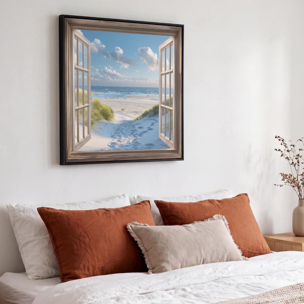 LEINWAND Bilder mit Rahmen - Aussicht - Strand - Fenster - Dünen - Meer - 50x50 - Hellblau, Textil (50/50cm) - MuchoWow