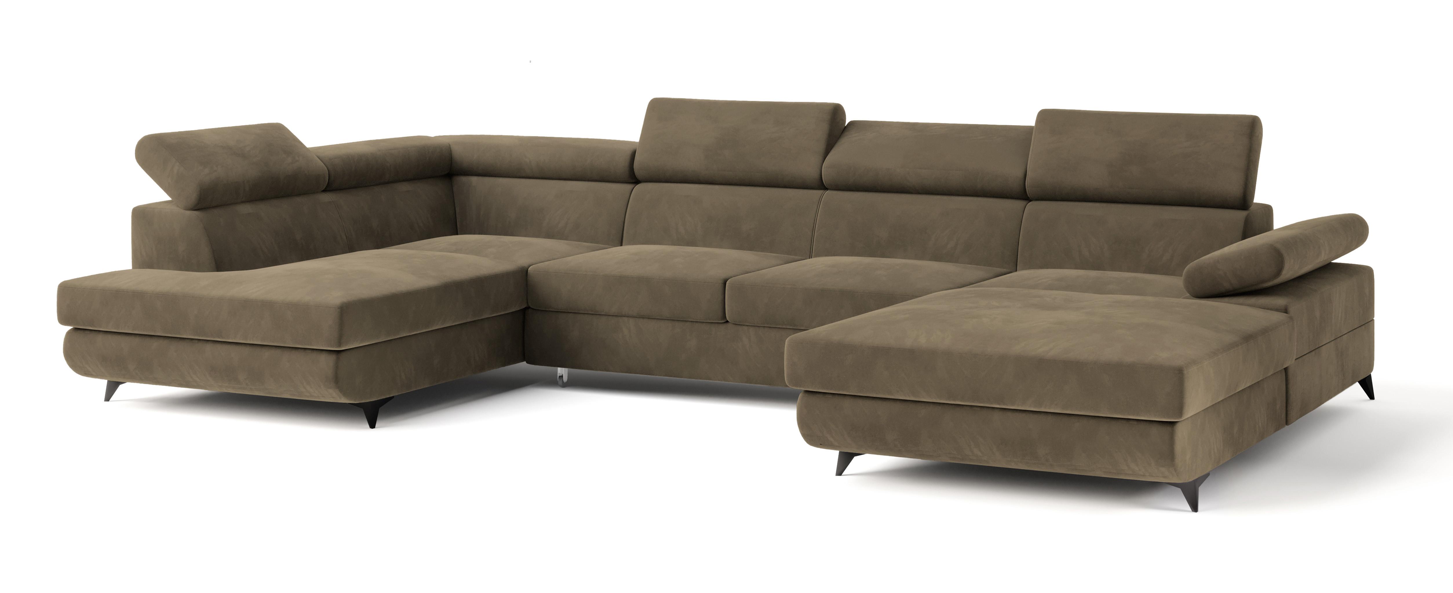 WOHNLANDSCHAFT RUBANO L-S Beige Velours-Stoff mit Schlaffunktion - Beige, Holz (339/89/190cm) - MASSENO