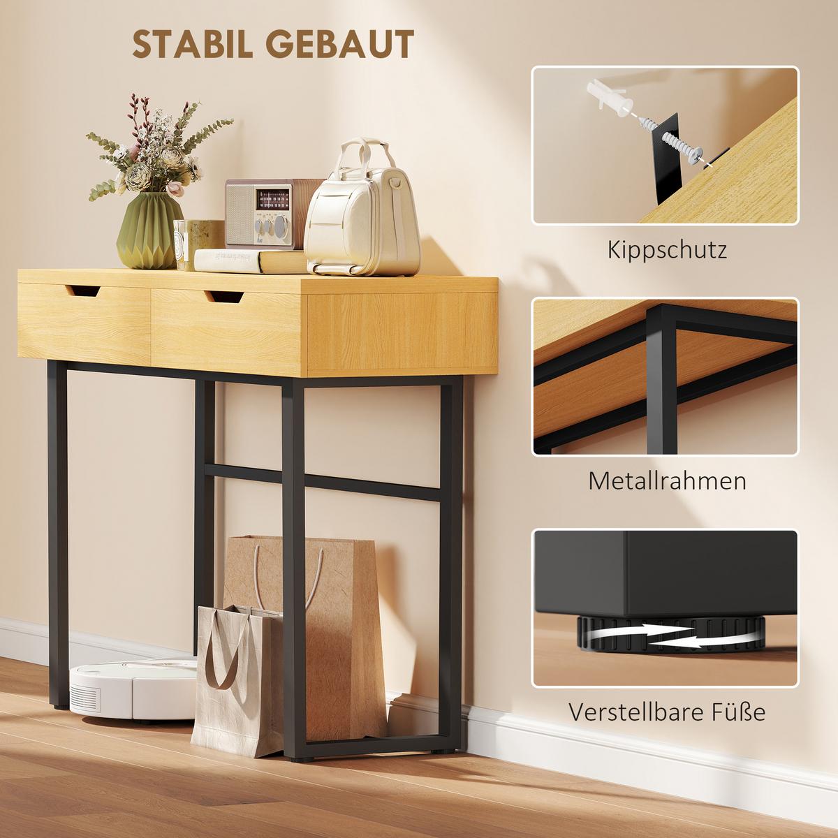 KONSOLENTISCH Schmaler Flurtisch mit 2 Schubladen, Metallrahmen, Natur - Naturfarben, Holzwerkstoff (110/35/76.5cm) - HOMCOM