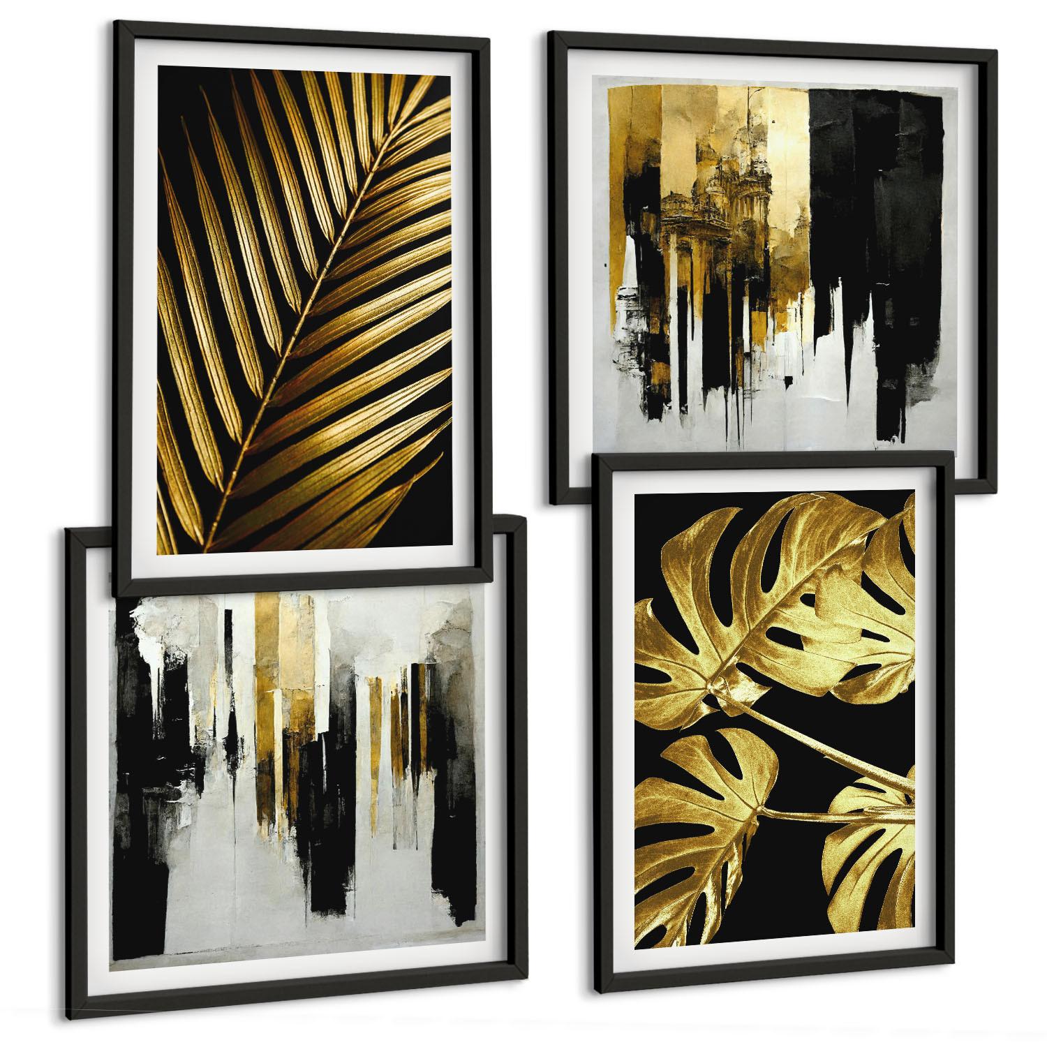BILDER SET 4er Set - 50x50 cm & 40x60 cm Schwarzer Rahmen - Abstrakte Monstera-Palmenblätter - Schwarz, Kunststoff (50/50cm) - TULUP