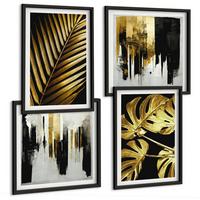 BILDER SET 4er Set - 50x50 cm & 40x60 cm Schwarzer Rahmen - Abstrakte Monstera-Palmenblätter - Schwarz, Kunststoff (50/50cm) - TULUP