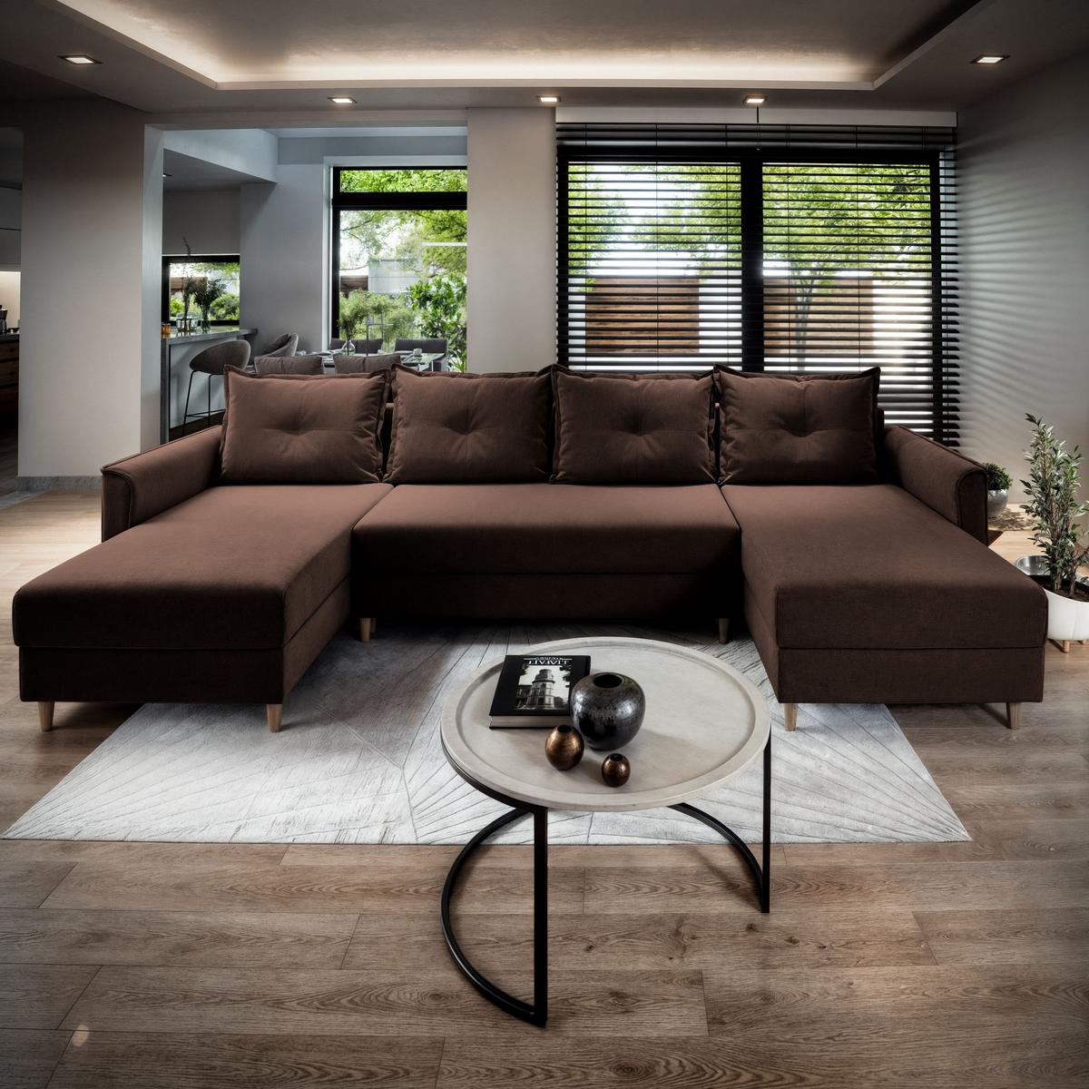 WOHNLANDSCHAFT VERNI Braun Plüsch-Stoff mit Schlaffunktion - Braun, Holz/Textil (285/91/143cm) - MASSENO