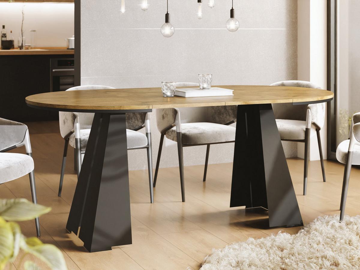 ESSTISCH Kova runder ausziehbarer, Lancelot Eiche 120-200/120/76 cm - Eichefarben/Schwarz, Holzwerkstoff/Metall (120/196/76cm) - WFL GROUP