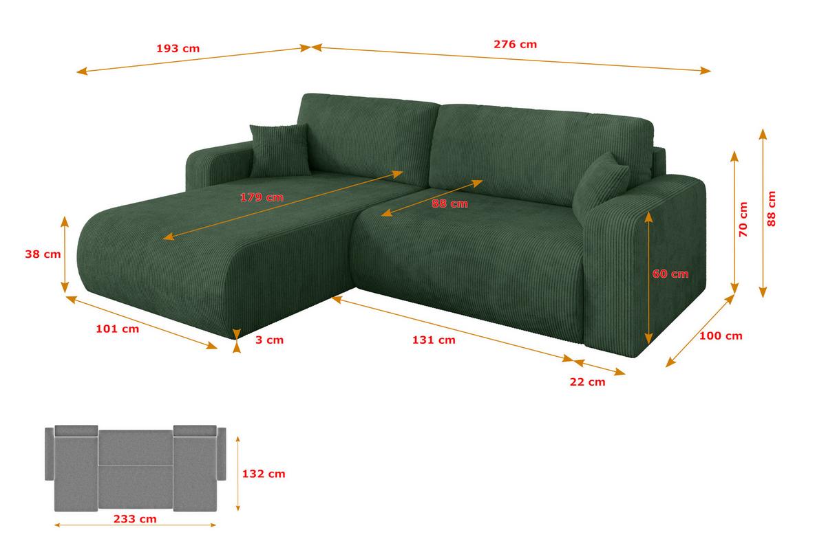 ECKSOFA mit Schlaffunktion Ottomane Links BERY-L 276x193x88 Grün Cord - Dunkelgrün/Schwarz, Holzwerkstoff/Kunststoff (276/193cm) - ALTDECOR