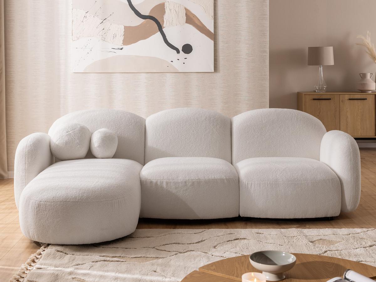ECKSOFA Nuvola mit abgerundetem Design Weiß Bouclé-Stoff - Ottomane Links - Schwarz/Weiß, Holz/Kunststoff (268/146cm) - S-Style