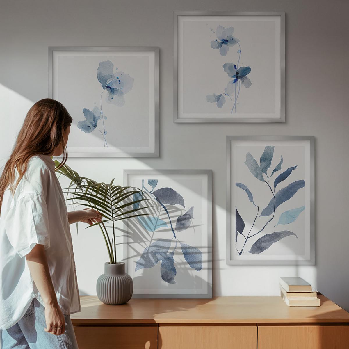 BILDER SET 4er Set - 50x50 cm & 40x60 cm Silberner Rahmen - Aquarell von blauen Blättern - Silberfarben, Kunststoff (50/50cm) - TULUP