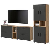WOHNWAND grau, Eiche Artisan 256 x 178 cm, Schrankwand mit Soft-Close - Schwarz/Eiche Artisan, Holzwerkstoff/Kunststoff (256/151/34cm) - Inn.Furn
