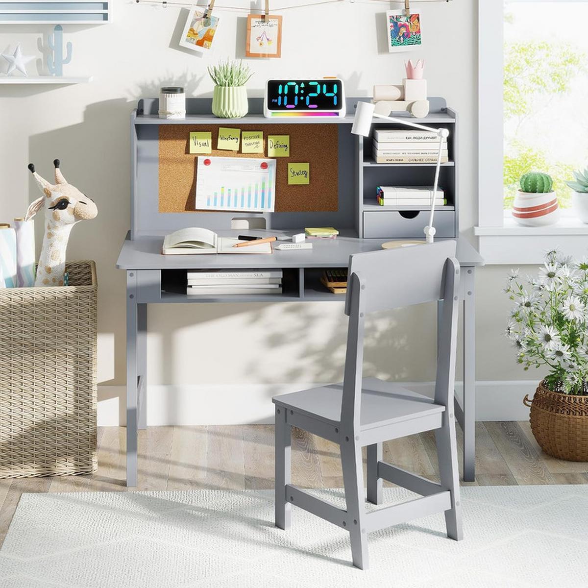 KINDERSCHREIBTISCH-SET aus Holz grau(2-tlg) - Grau, Holzwerkstoff (110/110/60cm) - COSTWAY