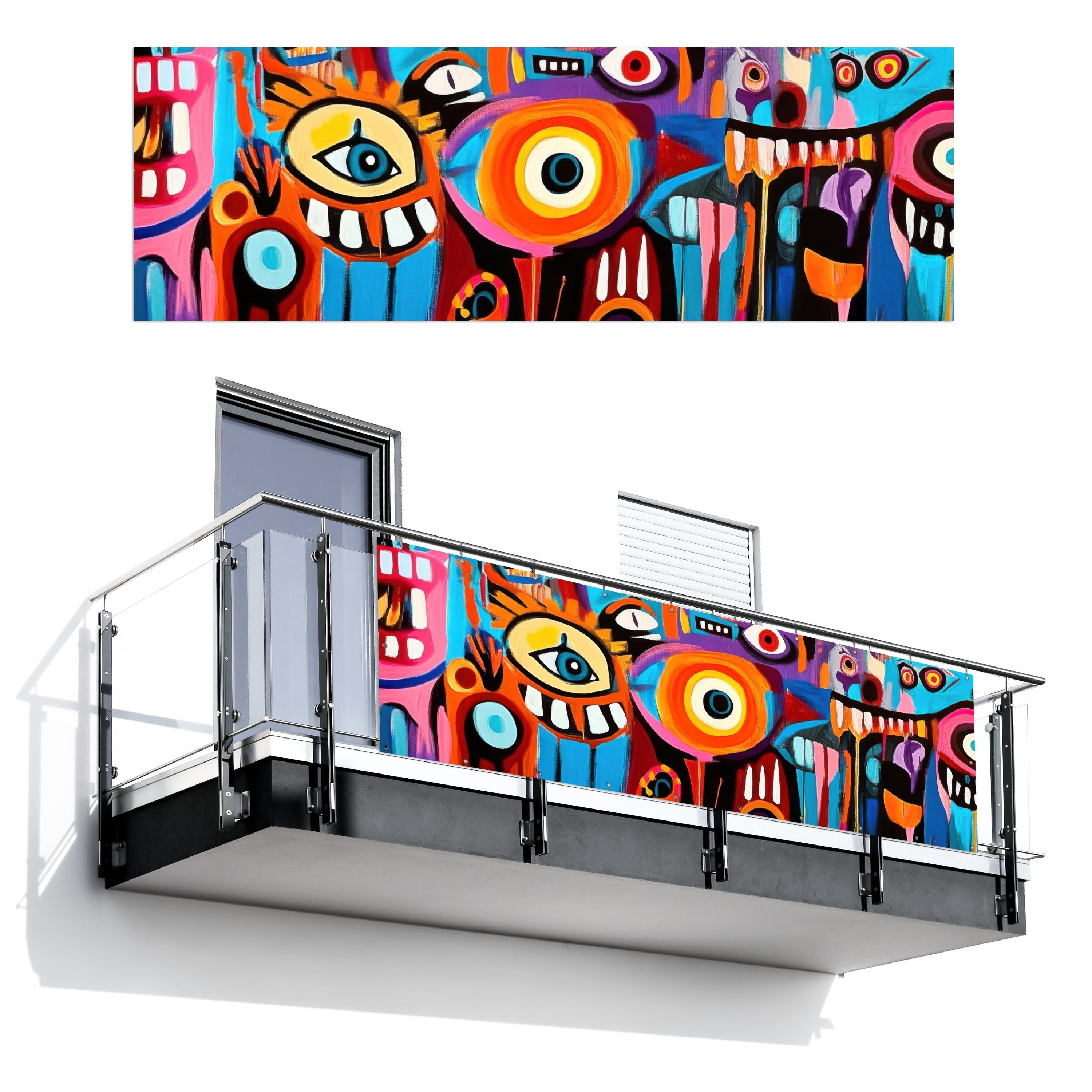BALKON-SICHTSCHUTZ Abstrakt - Gesicht - Farbenfroh Windschutz 300x100 cm - Multicolor, Kunststoff (300/100cm) - MuchoWow