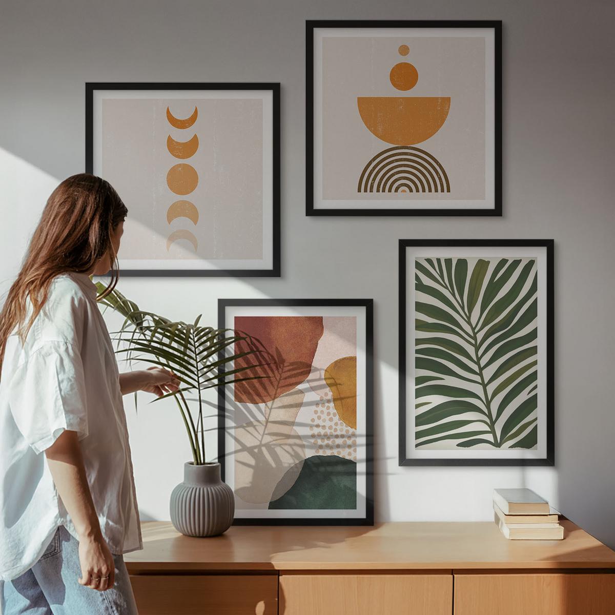 BILDER SET 4er Set - 50x50 cm & 40x60 cm Schwarzer Rahmen - Abstrakte Blattformen - Schwarz, Kunststoff (50/50cm) - TULUP