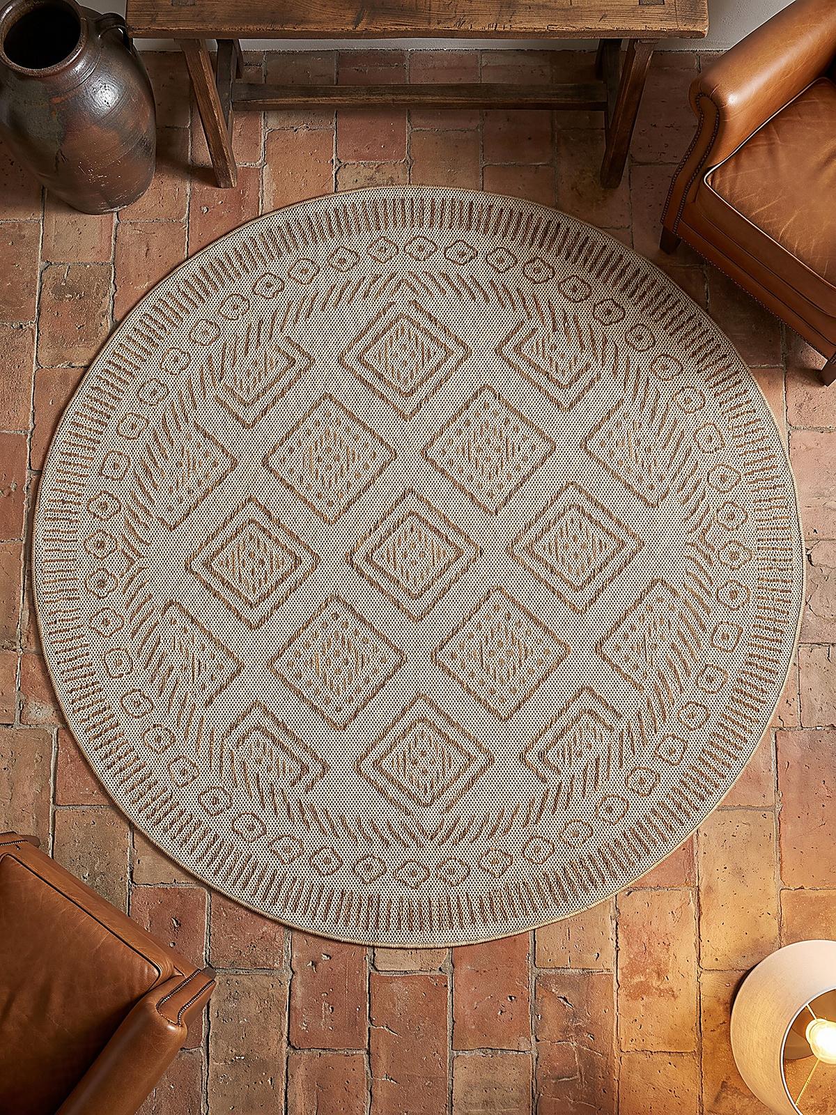TEPPICH Flachgewebe, Outdoor, Fußbodenheizung-geeignet, mit Rautenmuster, VIGOLENO in Beige-Braun, Ø 160 cm - Beige, Textil (160/160cm) - KADIMA DESIGN