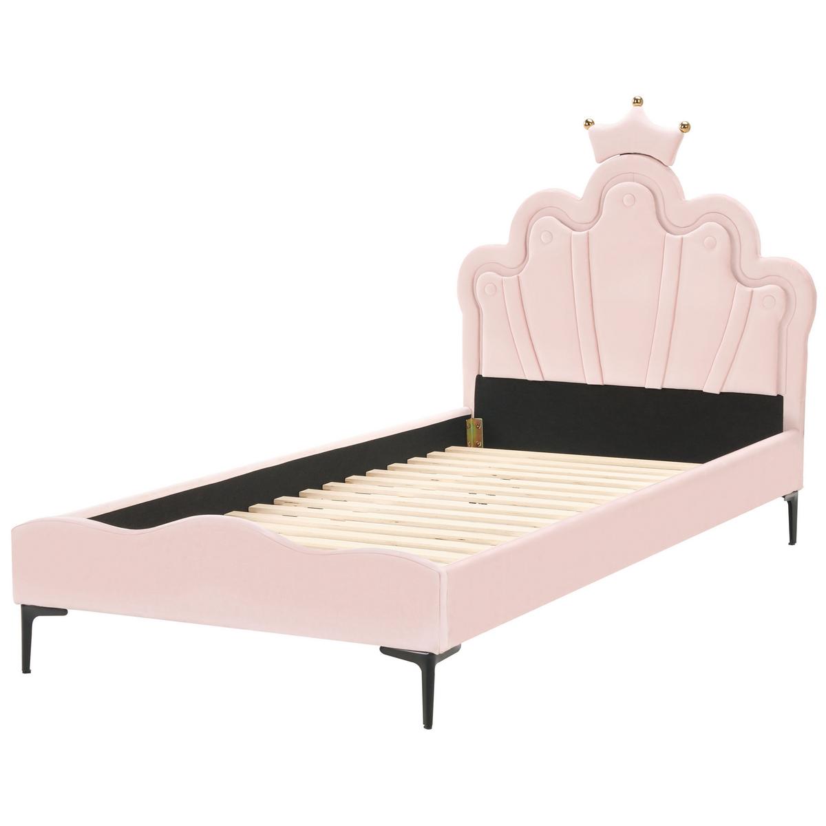 KINDERBETT Krone Samtstoff 90/200 cm mit LED-Beleuchtung Rosa Rubian - Pink, Textil (90/200cm) - Beliani
