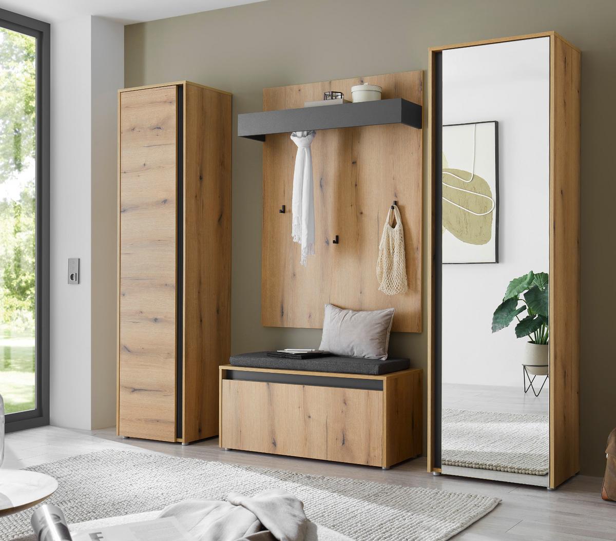 GARDEROBENSCHRANK Evoke Eiche, grau 60 x 200 cm, Flurschrank mit Spiegel - Eichefarben/Schwarz, Glas/Holzwerkstoff (60/200/40cm) - Furn.Design